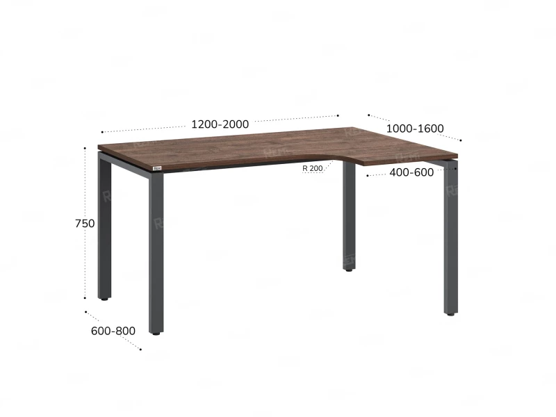 Стол угловой, П-опора, правый 1600x800/1000x750, RM052-16x8-10 Дуб Апрельский шоколад/Серый