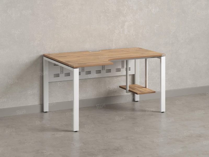 Стол угловой, экран металл, П-опора, левый 1400x900/1200x750, RM059-14x9-12 Дуб Юстус/Белый