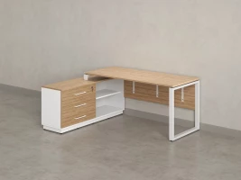Стол прямой с тумбой L, ЛДСП экран, О-опора 1800x600x750 RM013L-18x6 Вяз Швейцарский светлый/Белый
