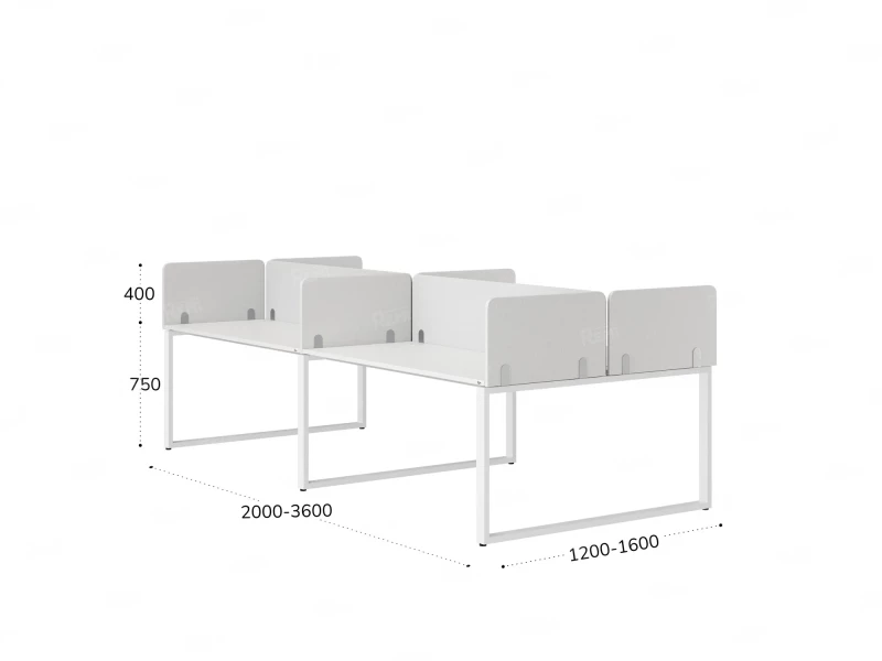 Бенч-система, 4 рабочих места, на О-образных опорах, 8 тканевых экранов 3600x1400x750 RM170-1-18x14 Белый/Белый