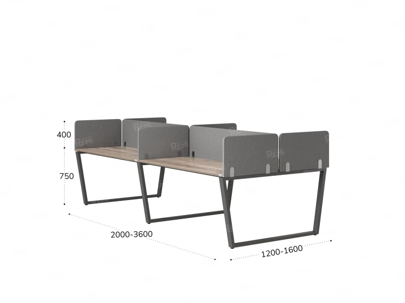 Бенч-система, 4 рабочих места, на U-образных опорах, 8 тканевых экранов 2400x1400x750 RM173-1-12x14 Дуб Маувелла/Серый