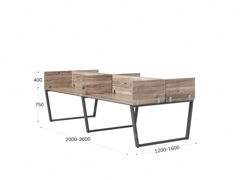 Бенч-система, 4 рабочих места, на U-образных опорах, 8 ЛДСП экранов 3200x1200x750 RM173-2-16x12 Дуб Маувелла/Серый