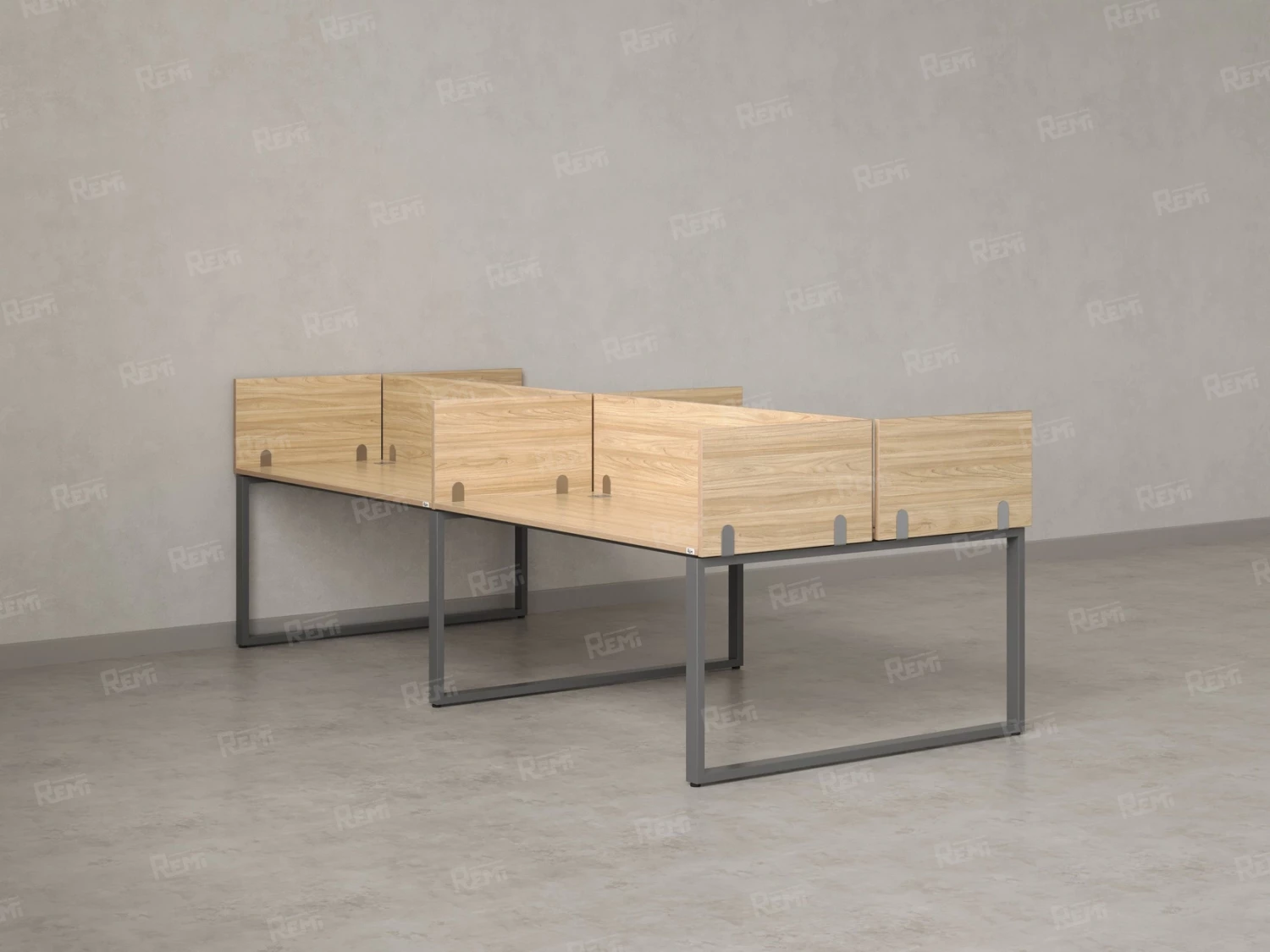 Бенч-система, 4 рабочих места, на О-образных опорах, 8 ЛДСП экранов 2800x1200x750 RM170-1-14x12 Вяз Швейцарский светлый/Серый