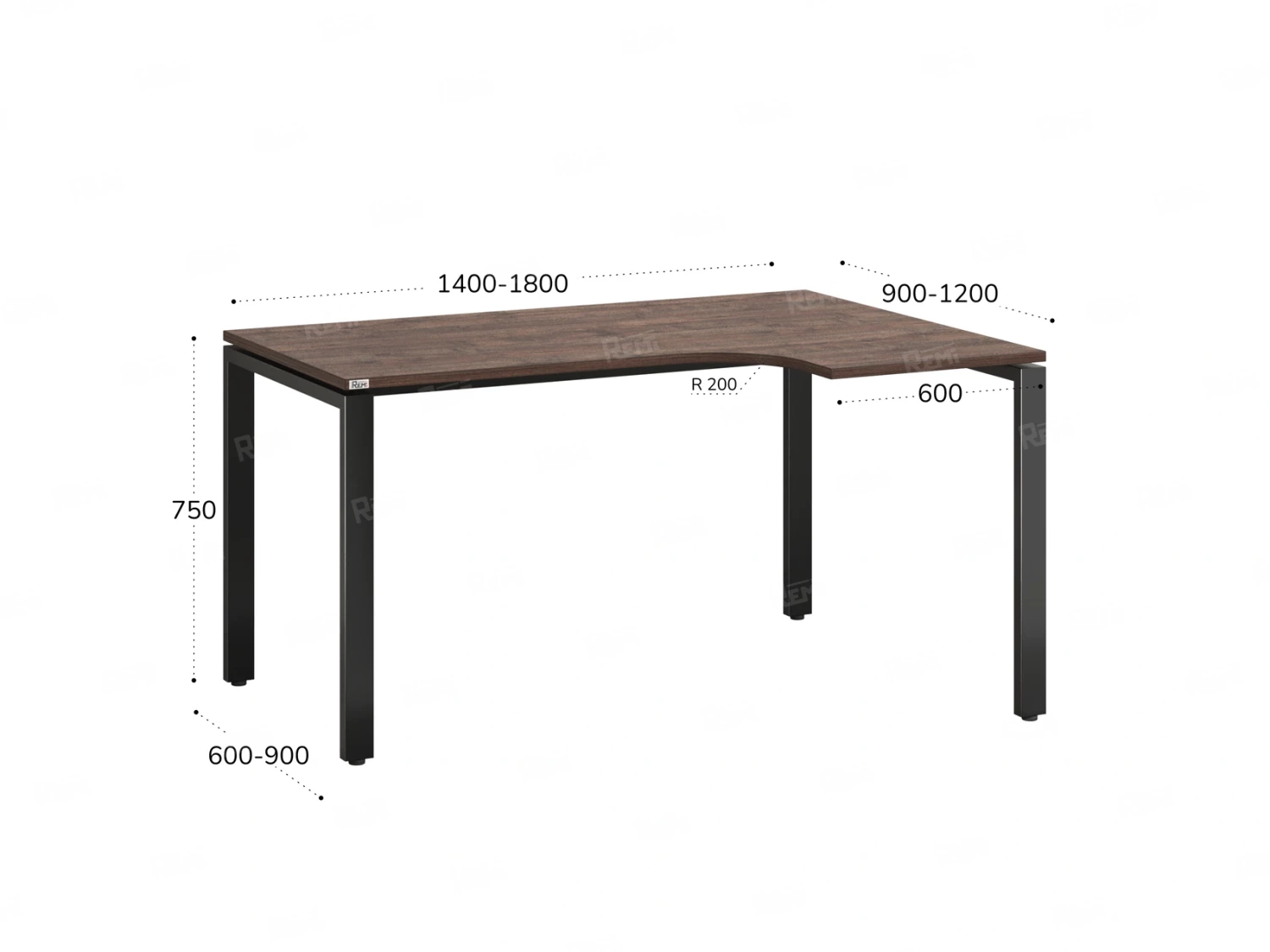 Стол угловой, П-опора, правый 1600x800/1000x750, RM052-16x8-10 Дуб Апрельский шоколад/Черный