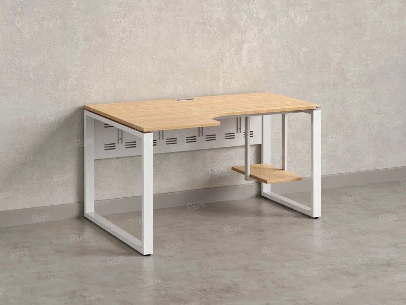Стол угловой, экран металл, О-опора, левый 1400x700/900x750, RM056-14x7-9 Вяз Швейцарский светлый/Белый