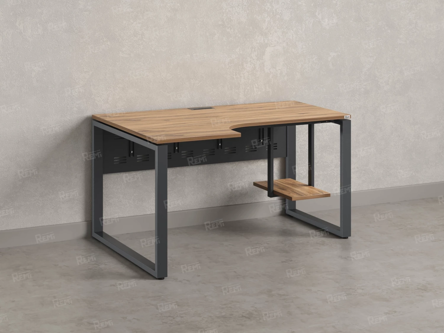 Стол угловой, экран металл, О-опора, левый 1600x900/1200x750, RM056-16x9-12 Дуб Юстус/Серый