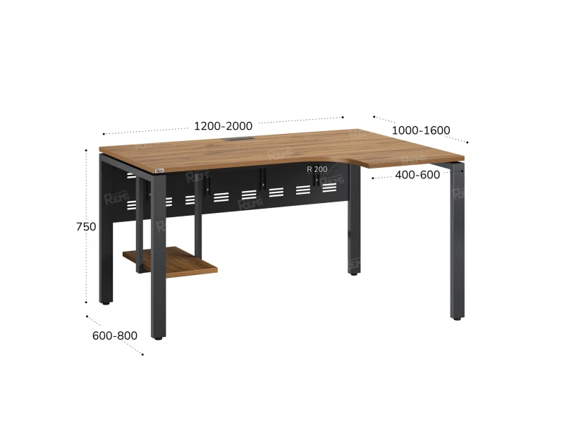 Стол угловой, экран металл, П-опора, правый 1800x900/1200x750, RM058-18x9-12 Дуб Юстус/Серый