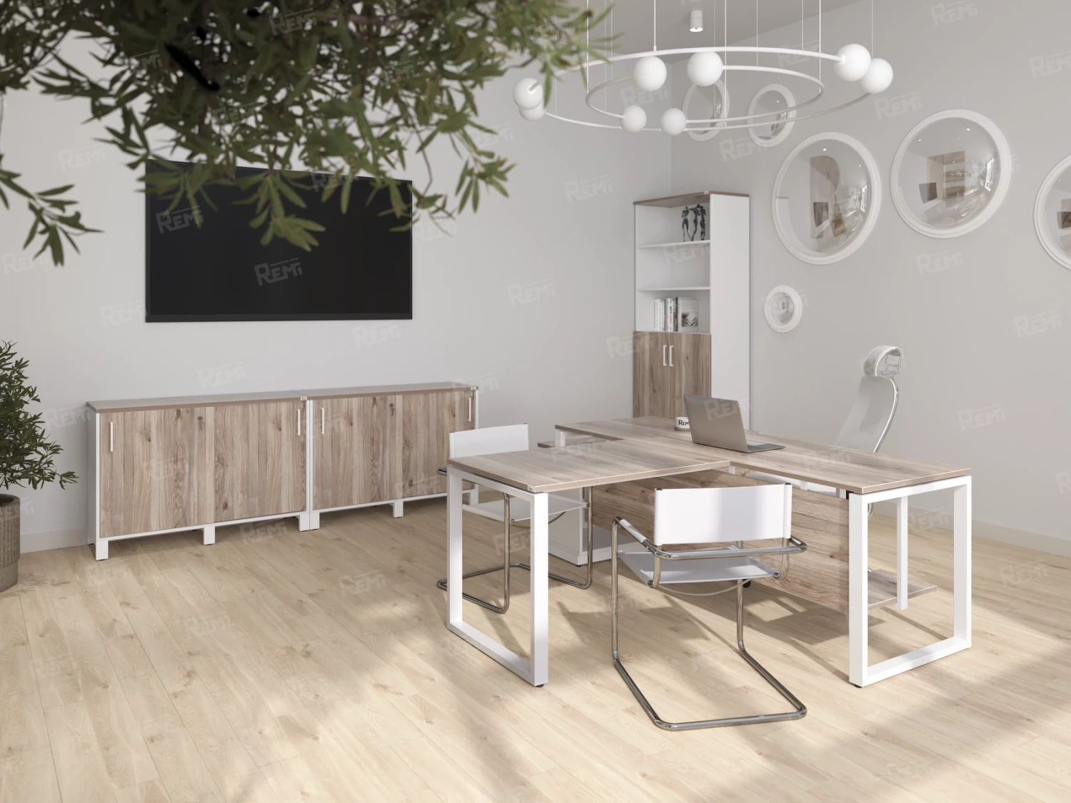 Стол прямой с подвесной тумбой 2 ящика, П-опора 2000x800x750 RM039-20x8 Дуб Маувелла/Белый