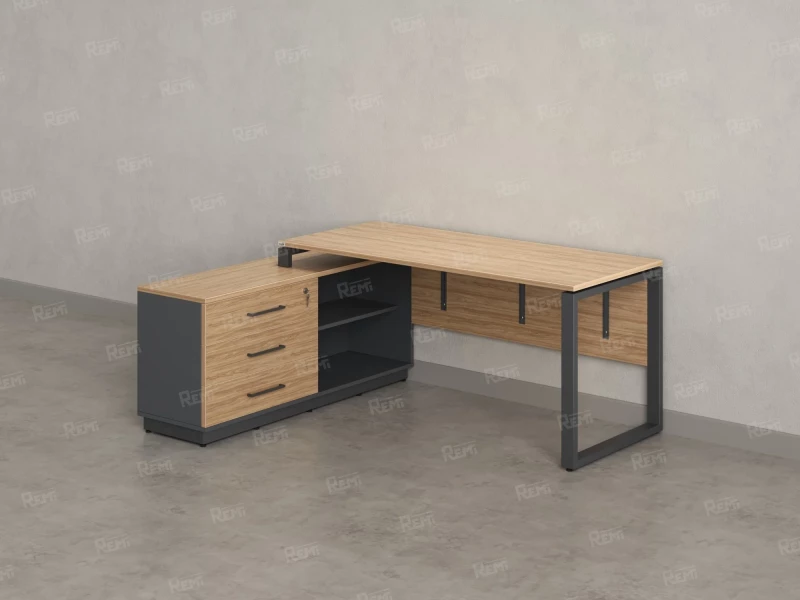 Стол прямой с тумбой L, ЛДСП экран, О-опора 1800x1400x750 RM013L-18x6 Вяз Швейцарский светлый/Серый