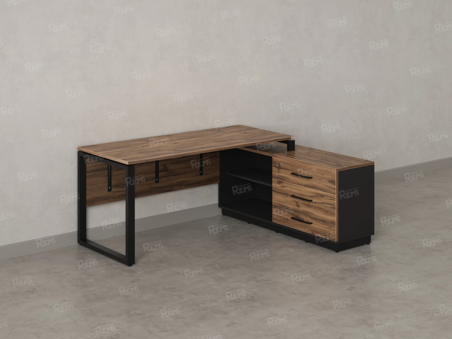 Стол прямой с тумбой R, ЛДСП экран, О-опора 1600x1400x750 RM012R-16x6 Дуб Юстус/Черный