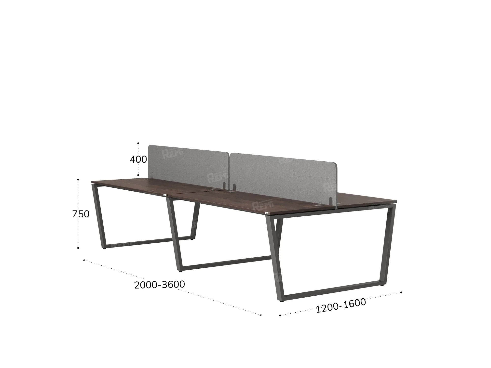 Бенч-система, 4 рабочих места, на U-образных опорах, 2 тканевых экранов 2000x1400x750 RM173-3-10x14 Дуб Апрельский шоколад/Серый