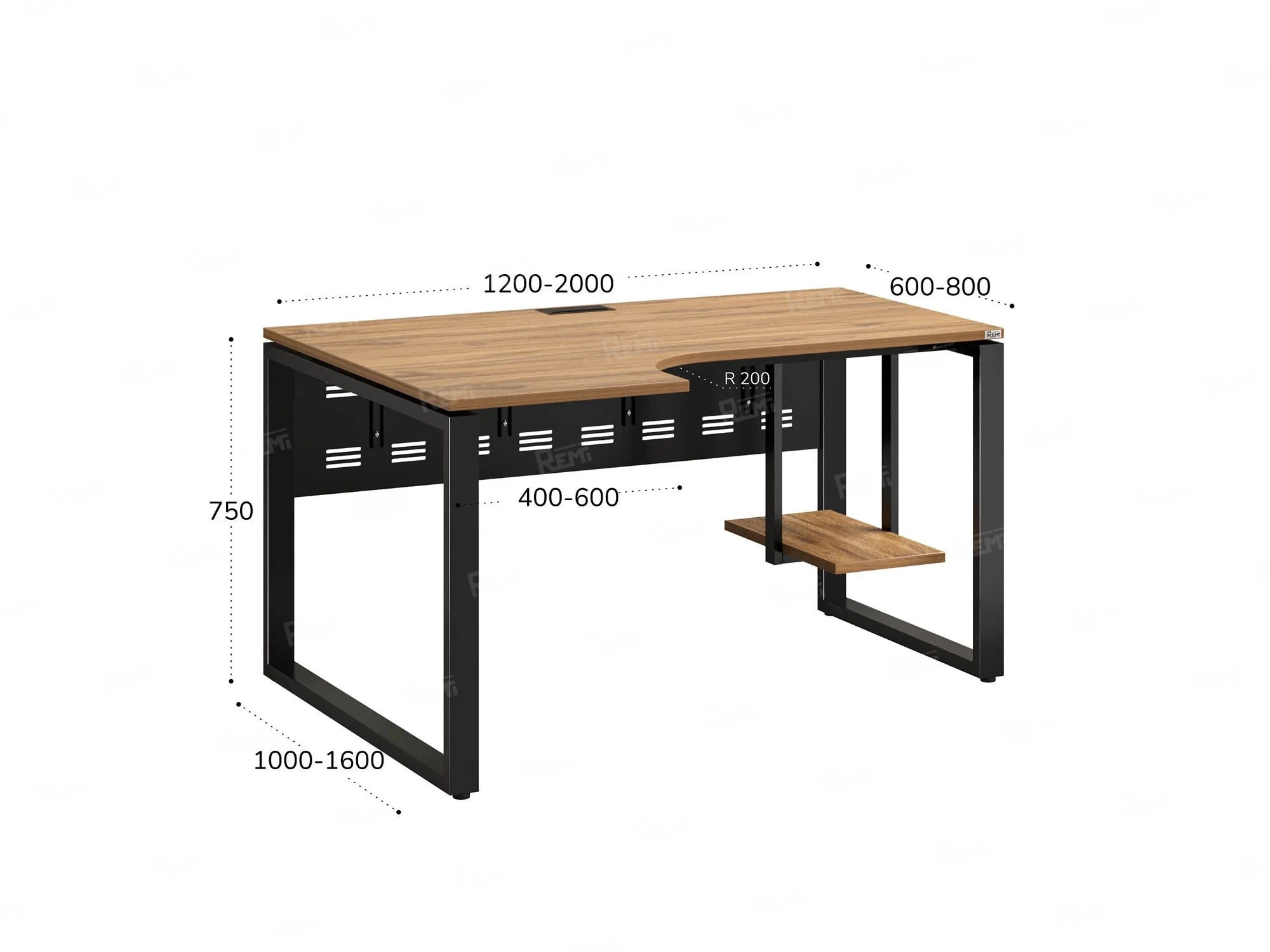 Стол угловой, экран металл, О-опора, левый 1600x900/1200x750, RM056-16x9-12 Дуб Юстус/Черный