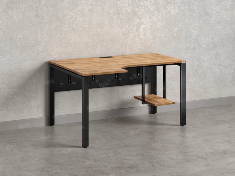 Стол угловой, экран металл, П-опора, левый 1400x900/1200x750, RM059-14x9-12 Дуб Юстус/Черный