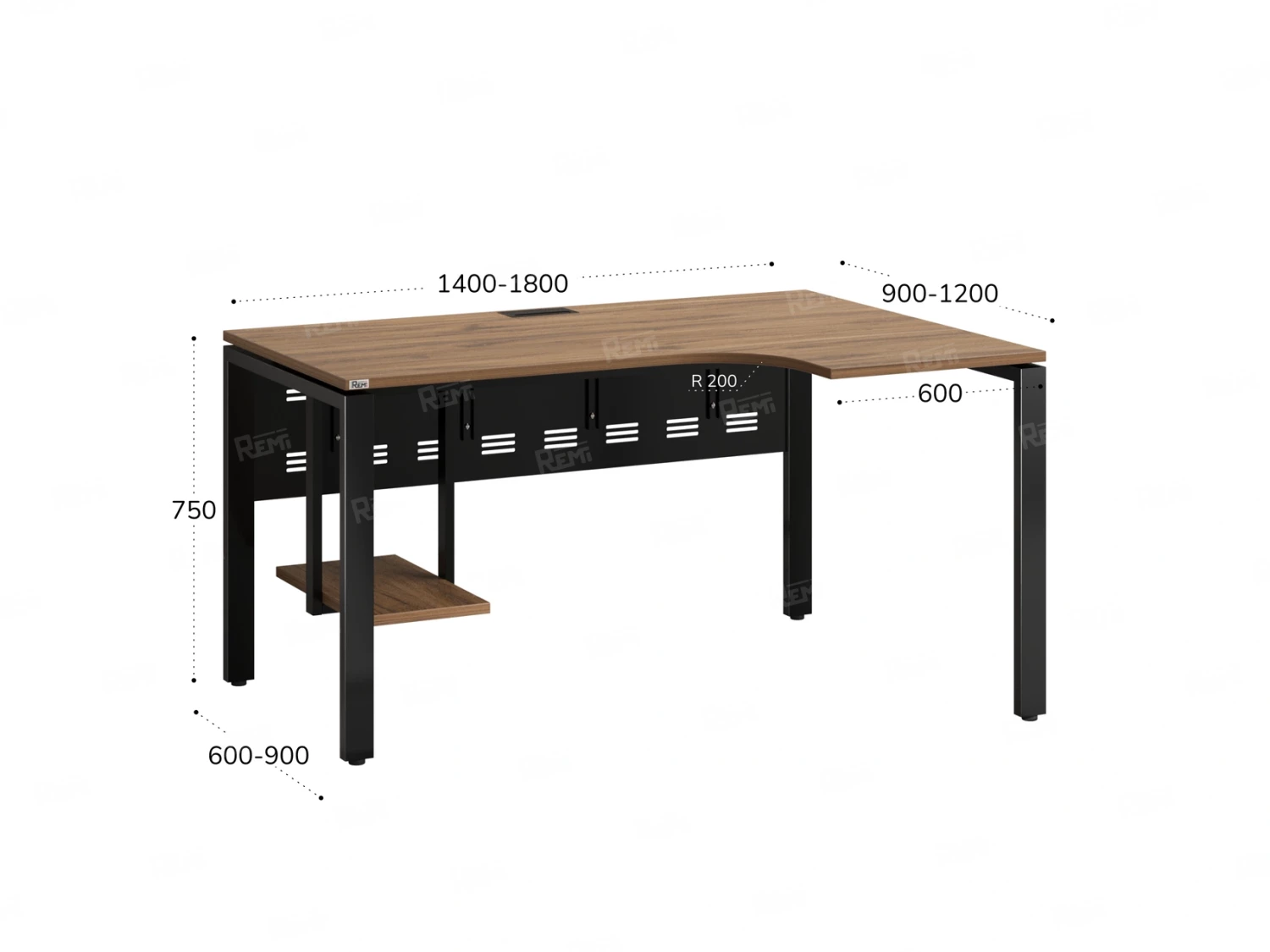 Стол угловой, экран металл, П-опора, правый 1800x900/1200x750, RM058-18x9-12 Дуб Юстус/Черный