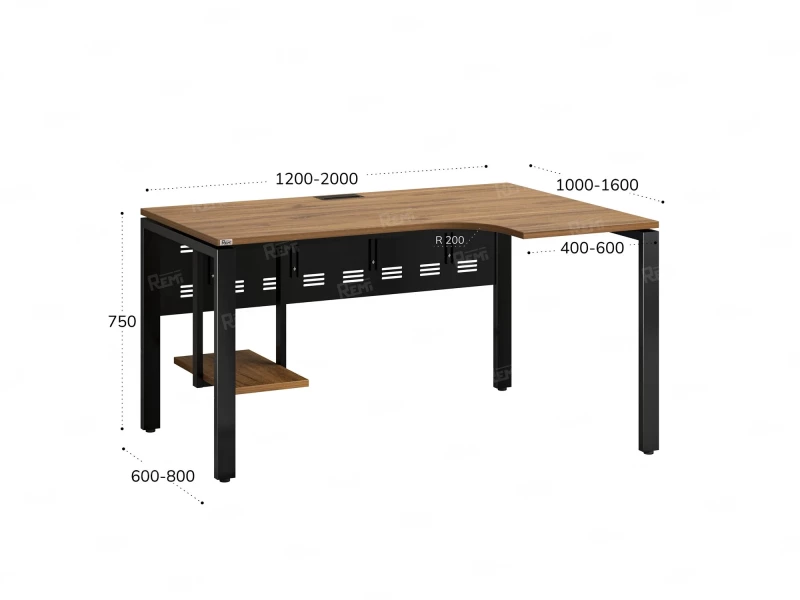 Стол угловой, экран металл, П-опора, правый 1800x900/1200x750, RM058-18x9-12 Дуб Юстус/Черный