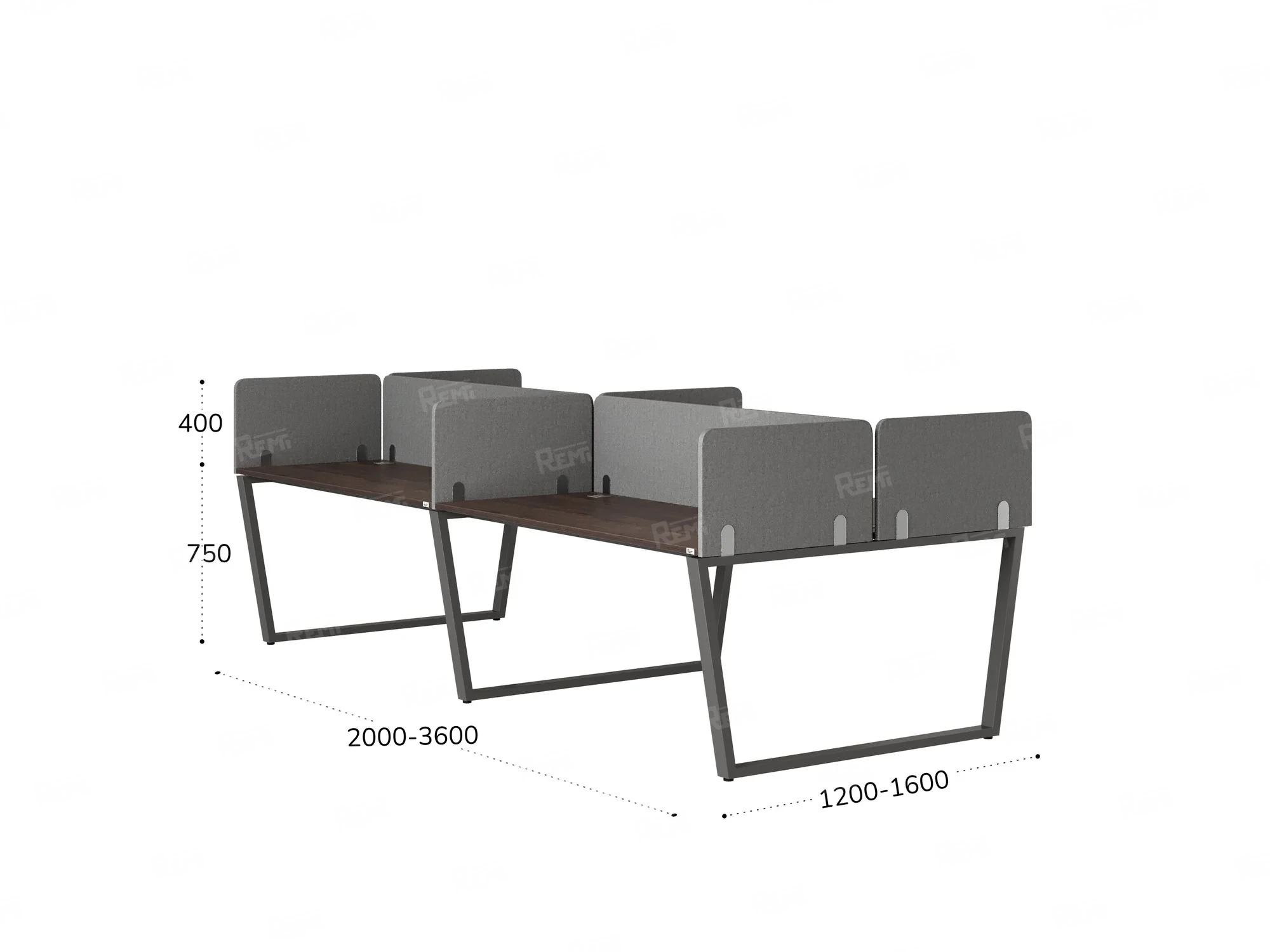 Бенч-система, 4 рабочих места, на U-образных опорах, 8 тканевых экранов 3200x1600x750 RM173-1-16x16 Дуб Апрельский шоколад/Серый