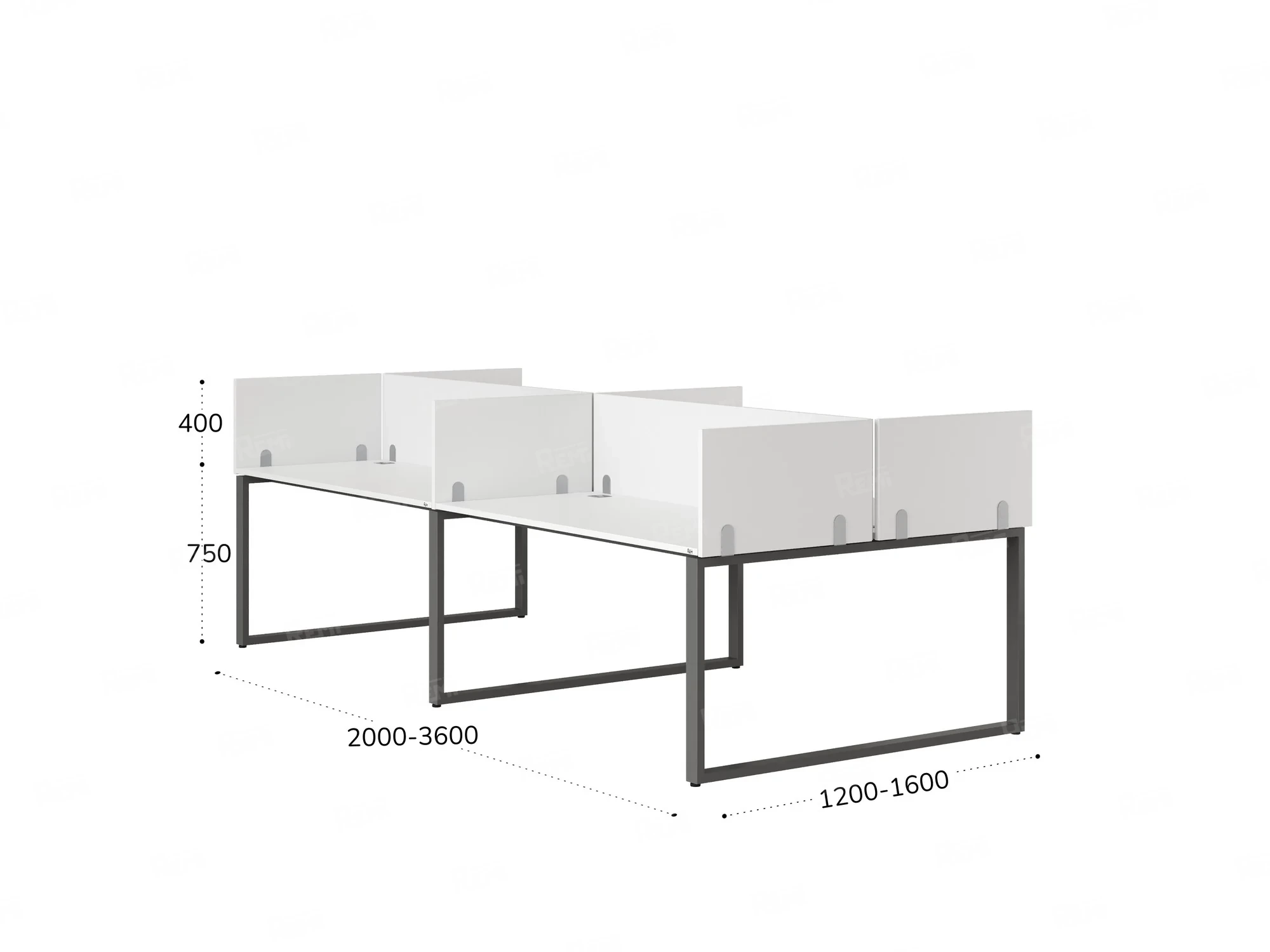 Бенч-система, 4 рабочих места, на О-образных опорах, 8 ЛДСП экранов 3600x1400x750 RM170-1-18x14 Белый/Серый