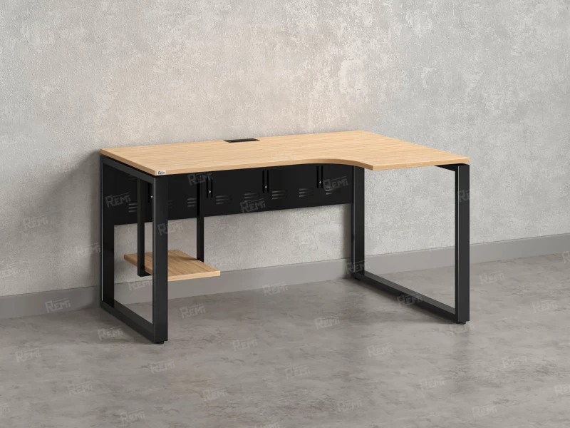 Стол угловой, экран металл, О-опора, правый 1800x700/900x750, RM057-18x7-9 Вяз Швейцарский светлый/Черный