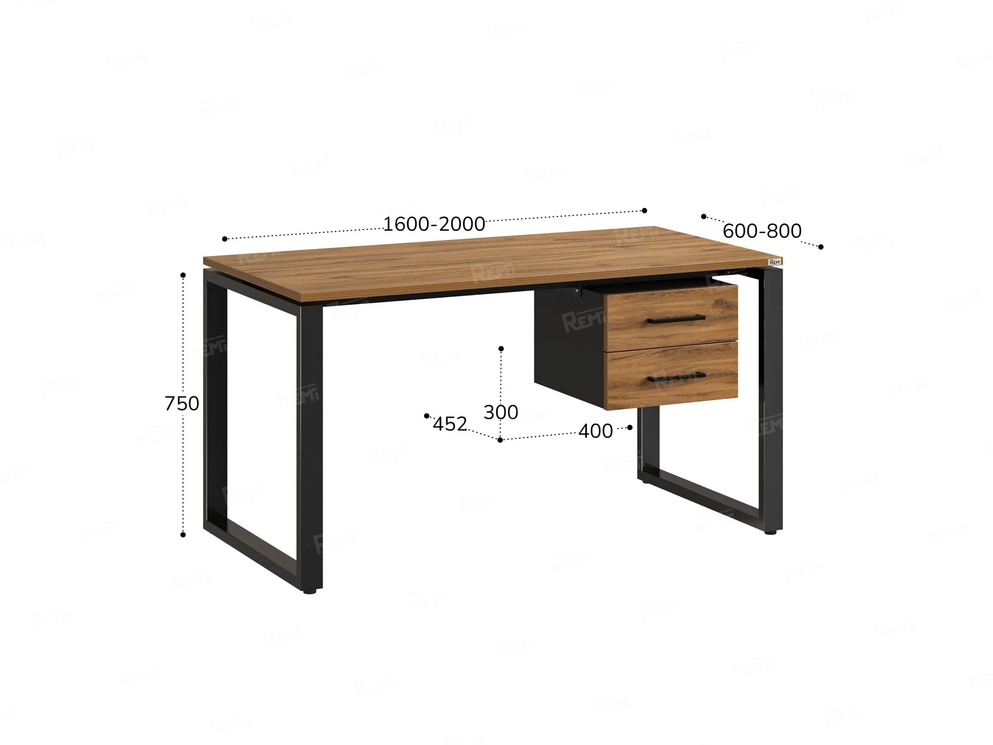 Стол прямой с подвесной тумбой 2 ящика, О-опора 1800x600x750 RM037-18x6 Дуб Юстус/Черный
