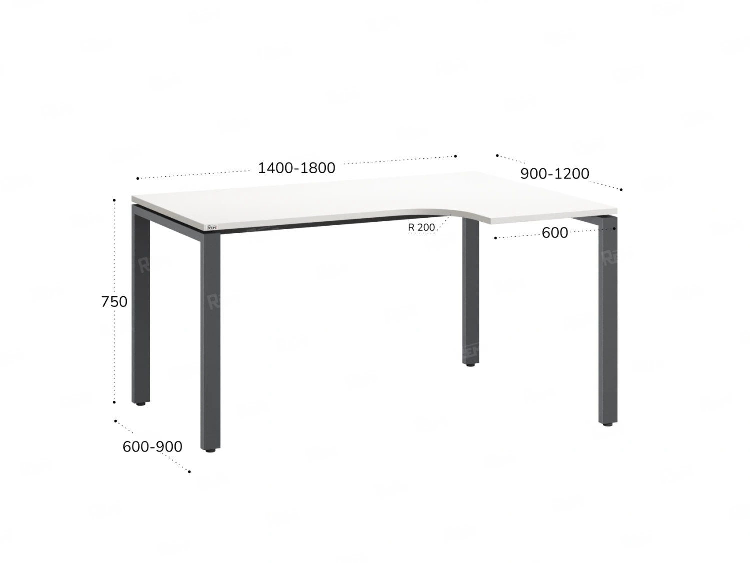 Стол угловой, П-опора, правый 1400x600/900x750, RM052-14x6-9 Белый/Серый