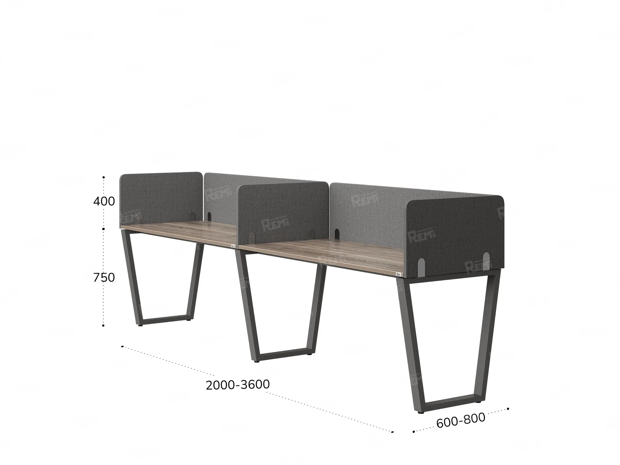 Бенч-система в 1 ряд, 2 рабочих места 5 тканевых экранов 3200x800x750 RM174-1-32x8 Дуб Маувелла/Серый