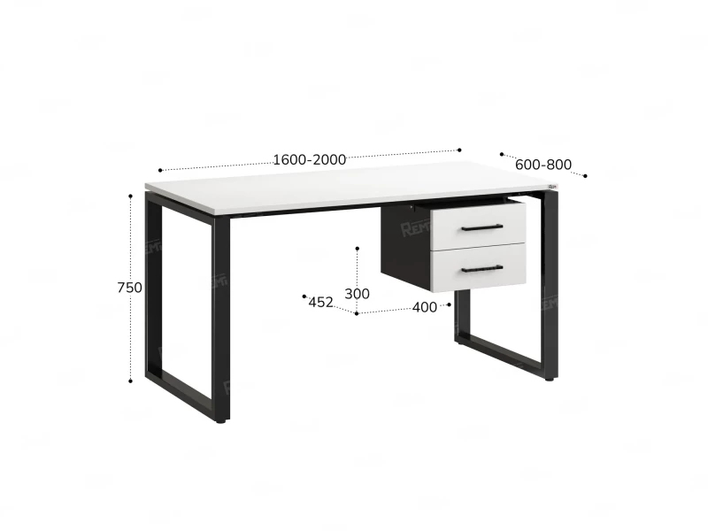 Стол прямой с подвесной тумбой 2 ящика, О-опора 2000x800x750 RM037-20x8 Белый/Черный