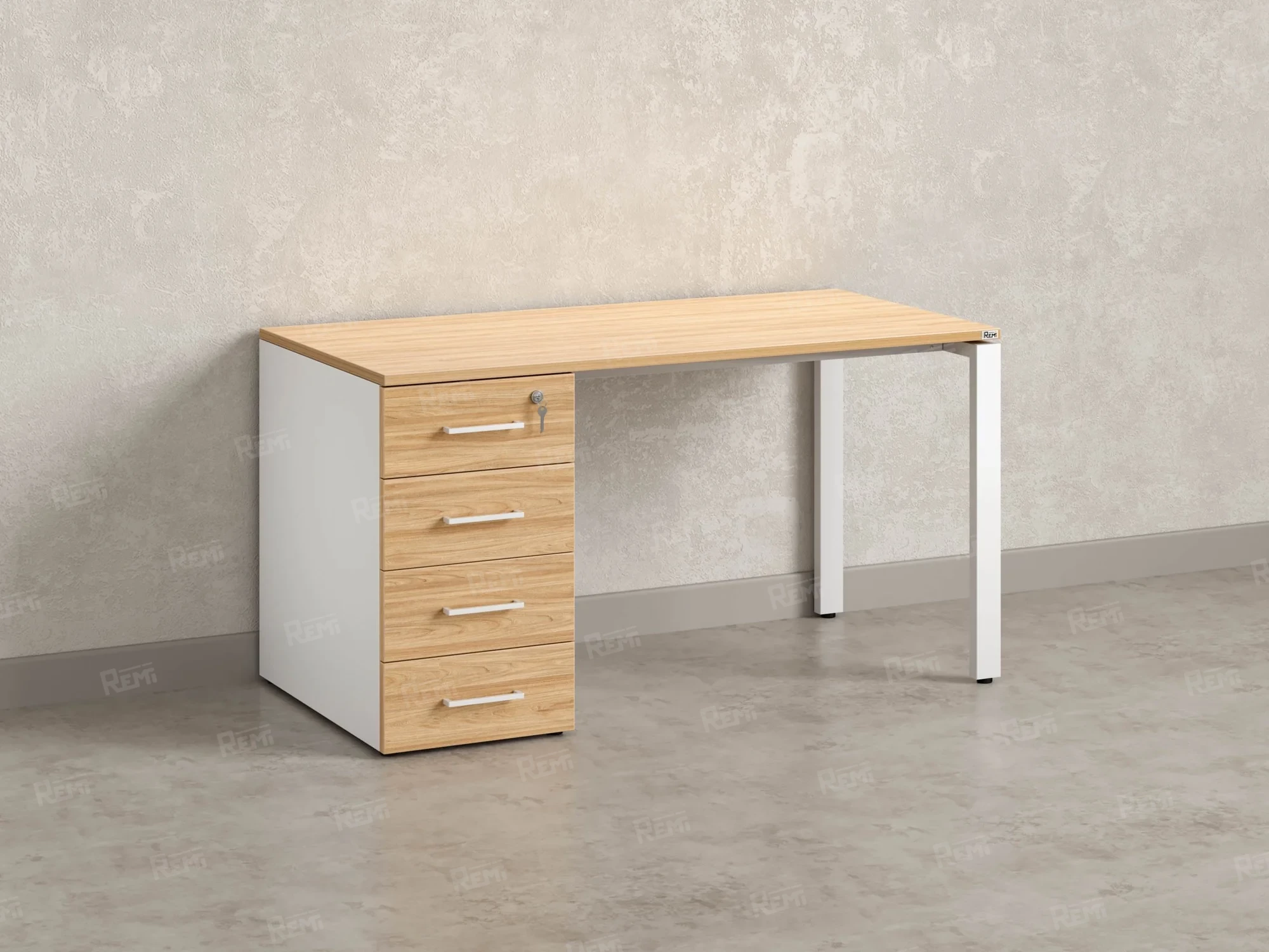 Стол прямой с тумбой на П-образных опоре, левый 1600x700x750 RM102-16x7 Вяз Швейцарский светлый/Белый