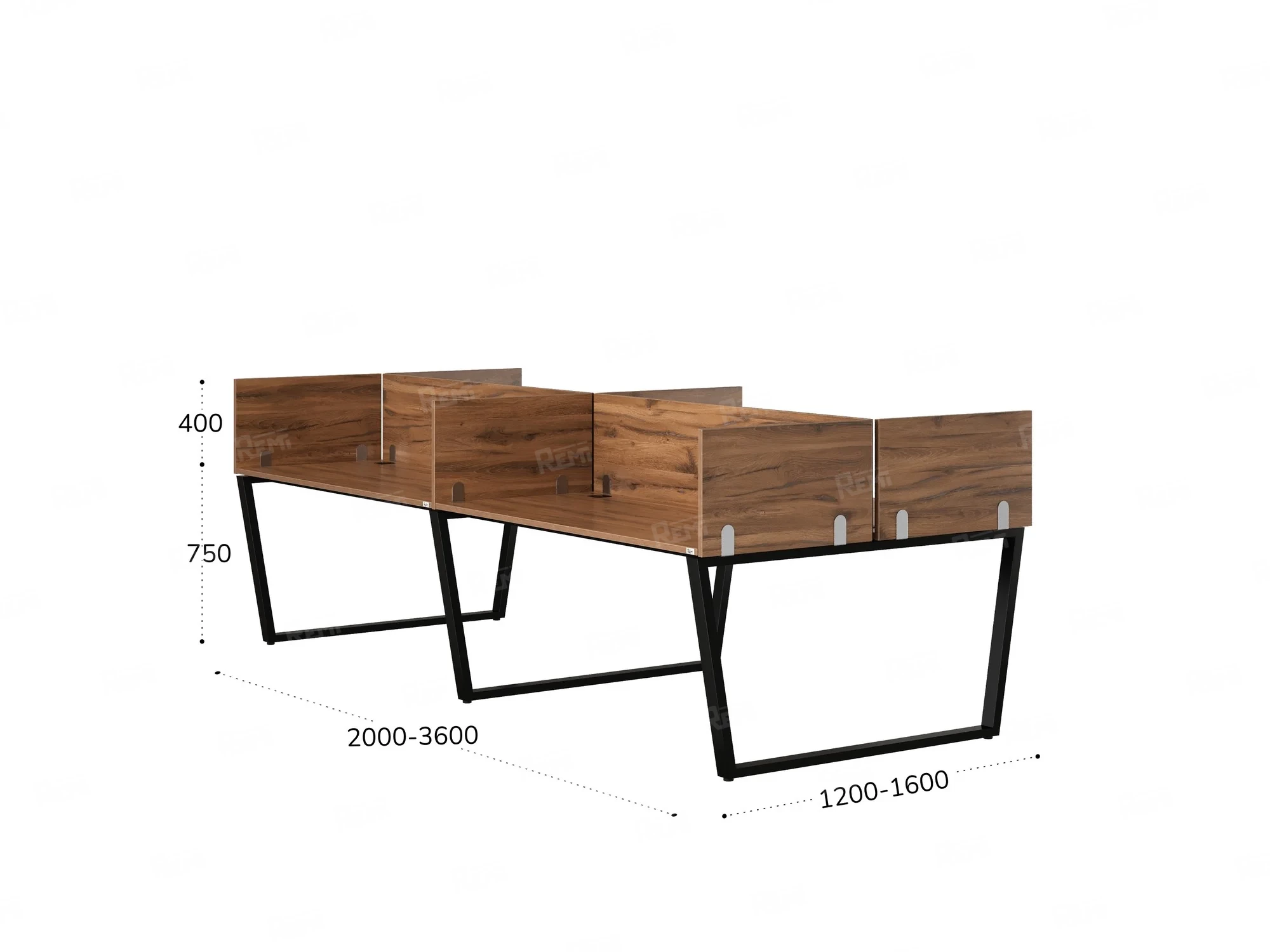 Бенч-система, 4 рабочих места, на U-образных опорах, 8 ЛДСП экранов 3200x1200x750 RM173-2-16x12 Дуб Юстус/Черный