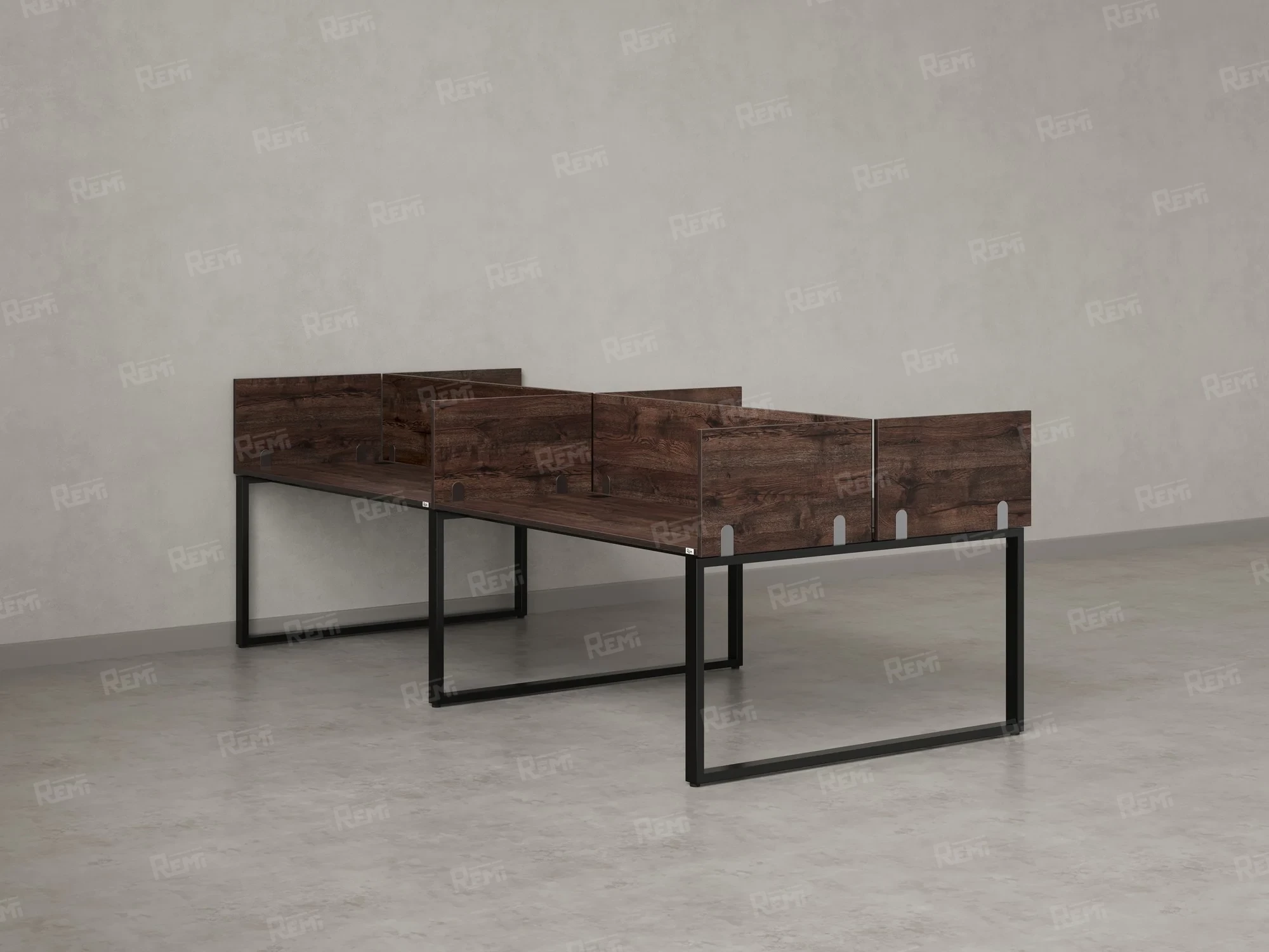 Бенч-система, 4 рабочих места, на О-образных опорах, 8 ЛДСП экранов 2800x1200x750 RM170-1-14x12 Дуб Апрельский шоколад/Черный