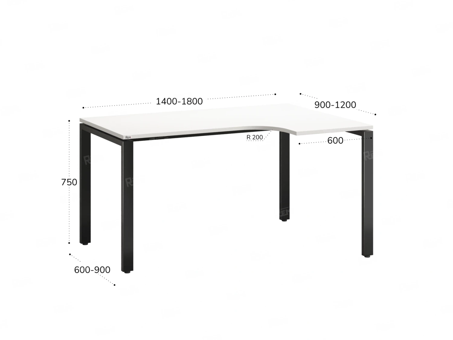 Стол угловой, П-опора, правый 1400x600/900x750, RM052-14x6-9 Белый/Черный