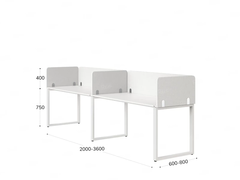 Бенч-система в 1 ряд, 2 рабочих места 5 тканевых экранов 2400x800x750 RM168-1-24x8 Белый/Белый