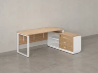 Стол прямой с тумбой R, ЛДСП экран, О-опора 1600x1400x750 RM012R-16x7 Вяз Швейцарский светлый/Белый