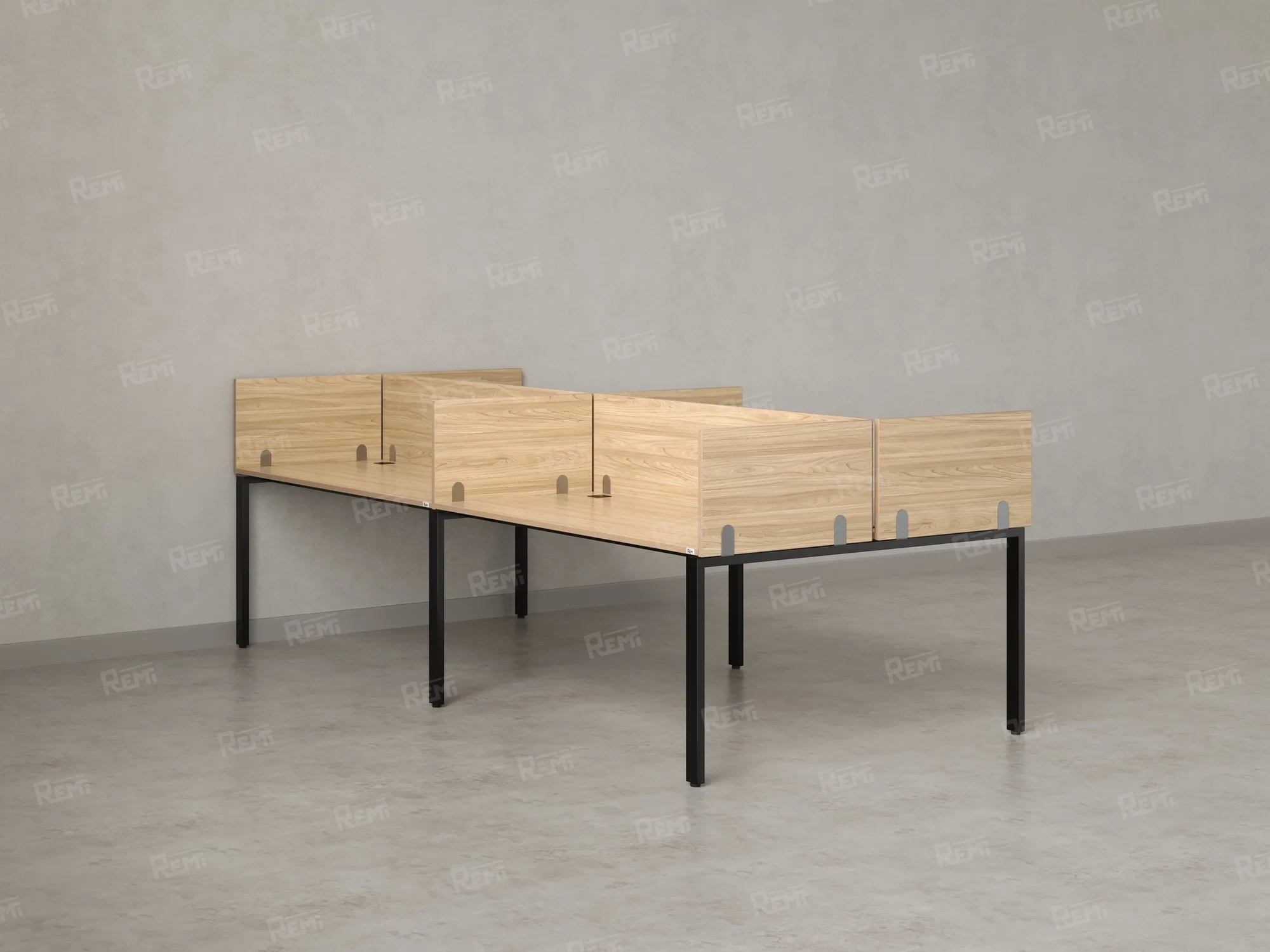 Бенч-система, 4 рабочих места, на П-образных опорах, 8 ЛДСП экранов 2800x1600x750 RM166-2-14x16 Вяз Швейцарский светлый/Черный