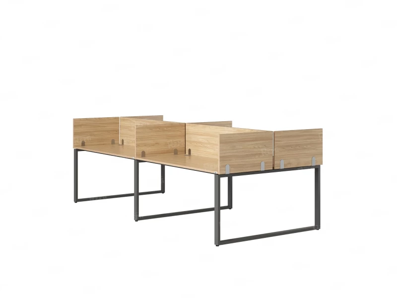 Бенч-система, 4 рабочих места, на О-образных опорах, 8 ЛДСП экранов 3600x1400x750 RM170-1-18x14 Вяз Швейцарский светлый/Серый