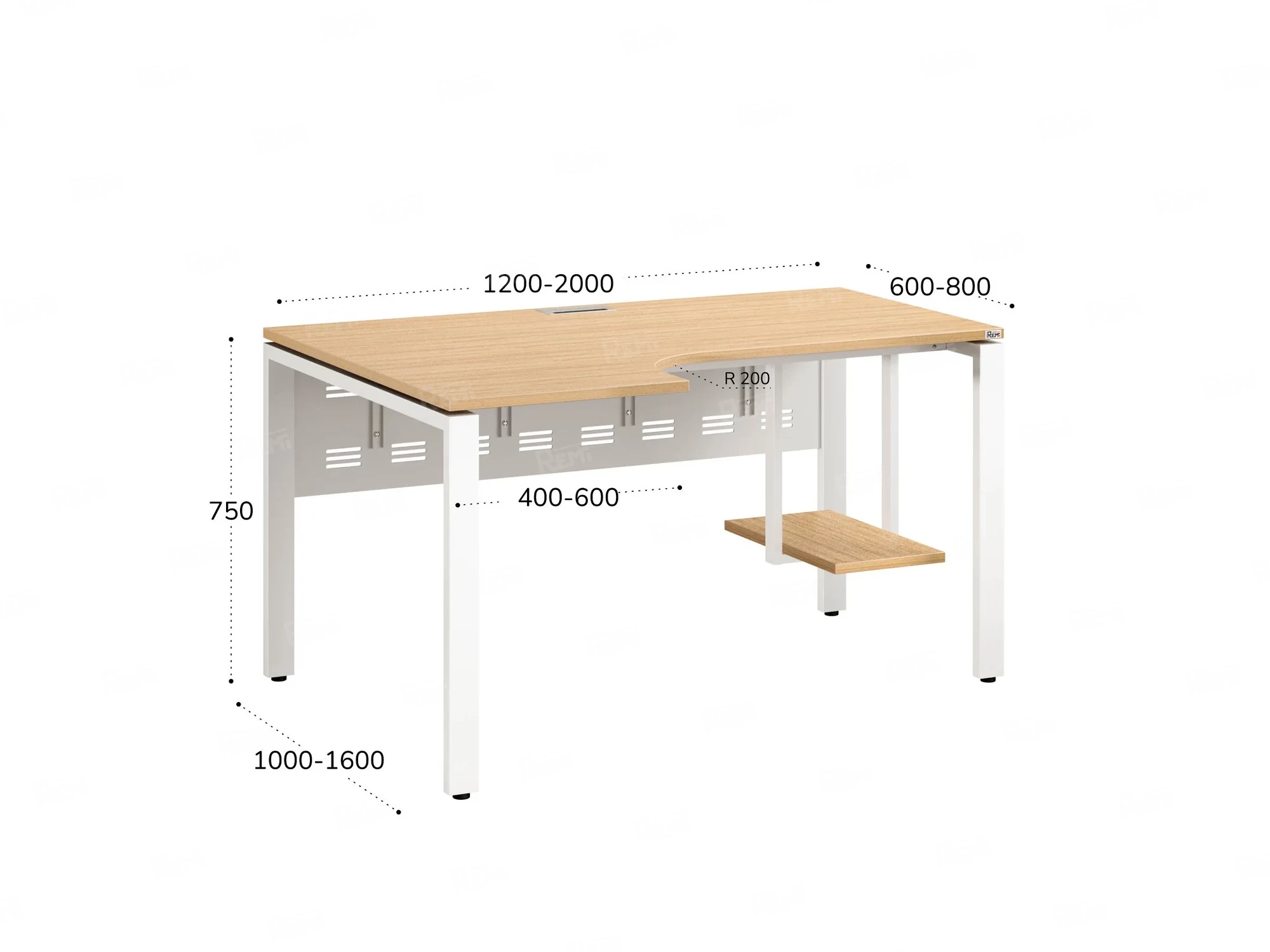Стол угловой, экран металл, П-опора, левый 1600x600/900x750, RM059-16x6-9 Вяз Швейцарский светлый/Белый