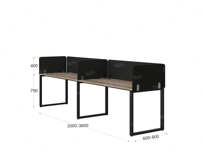 Бенч-система в 1 ряд, 2 рабочих места 5 тканевых экранов 3200x800x750 RM168-1-32x8 Дуб Маувелла/Черный