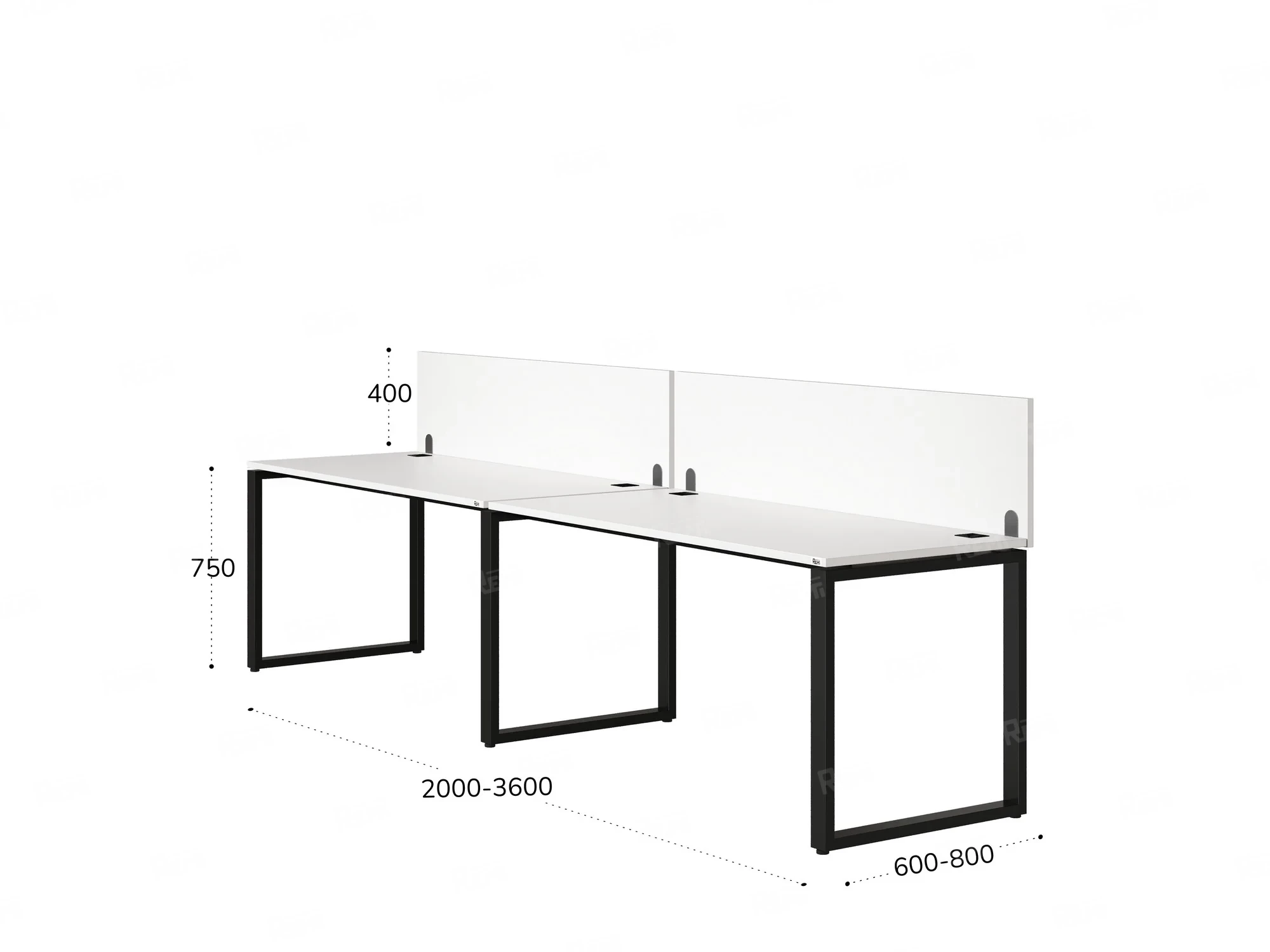 Бенч-система в 1 ряд, 2 рабочих места 2 ЛДСП экранов 2000x600x750 RM168-4-20x6 Белый/Черный