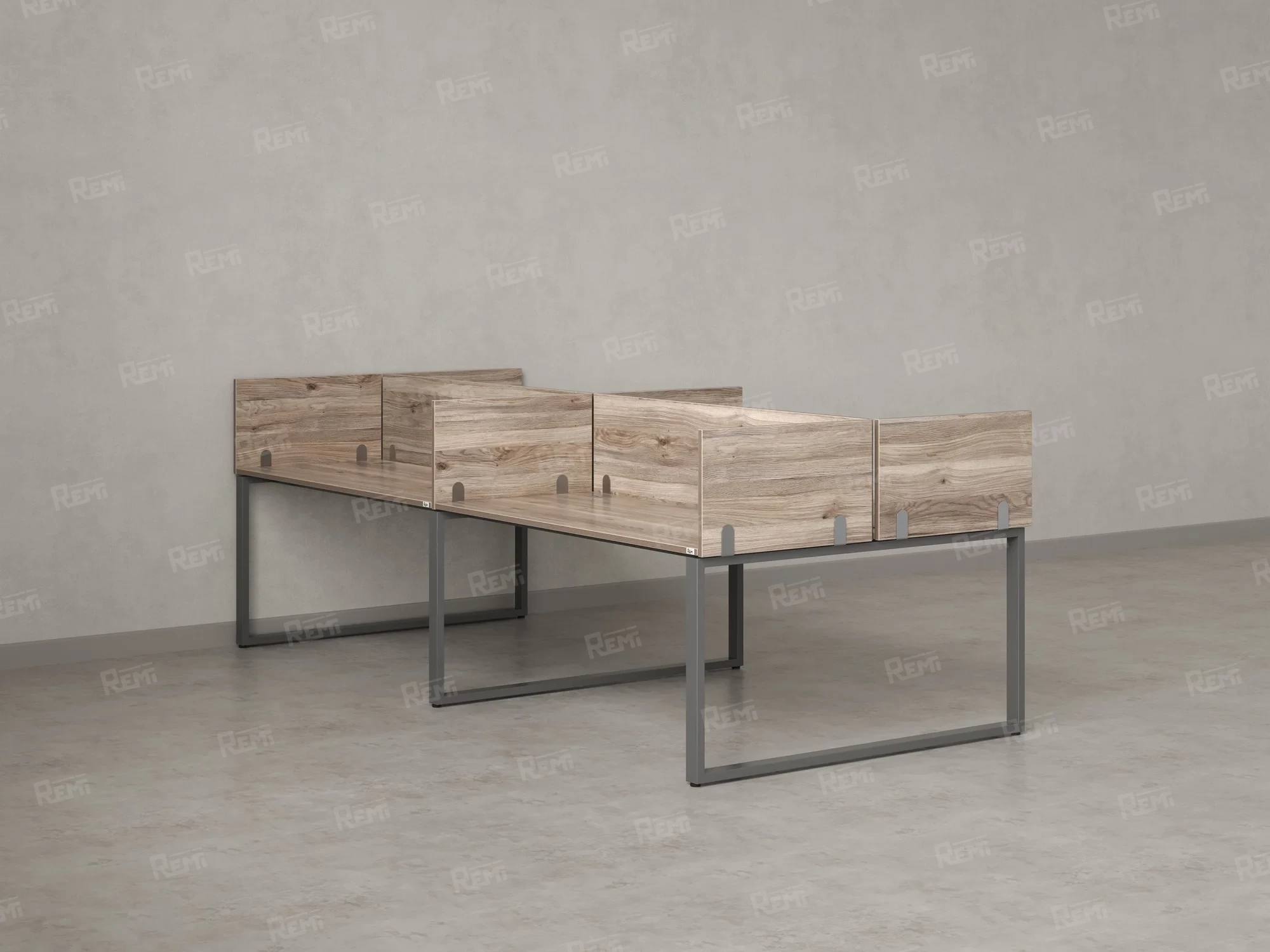 Бенч-система, 4 рабочих места, на О-образных опорах, 8 ЛДСП экранов 2800x1200x750 RM170-1-14x12 Дуб Маувелла/Серый