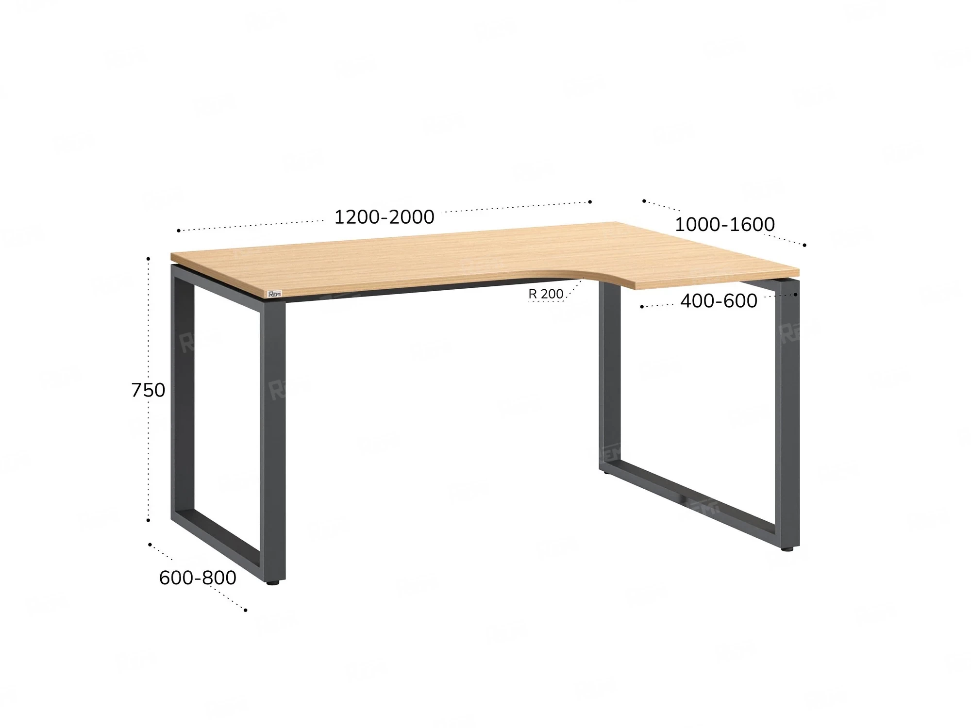 Стол угловой, О-опора, правый 1600x600/900x750, RM054-16x6-9 Вяз Швейцарский светлый/Серый