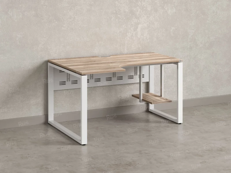 Стол угловой, экран металл, О-опора, левый 1400x700/900x750, RM056-14x7-9 Дуб Маувелла/Белый