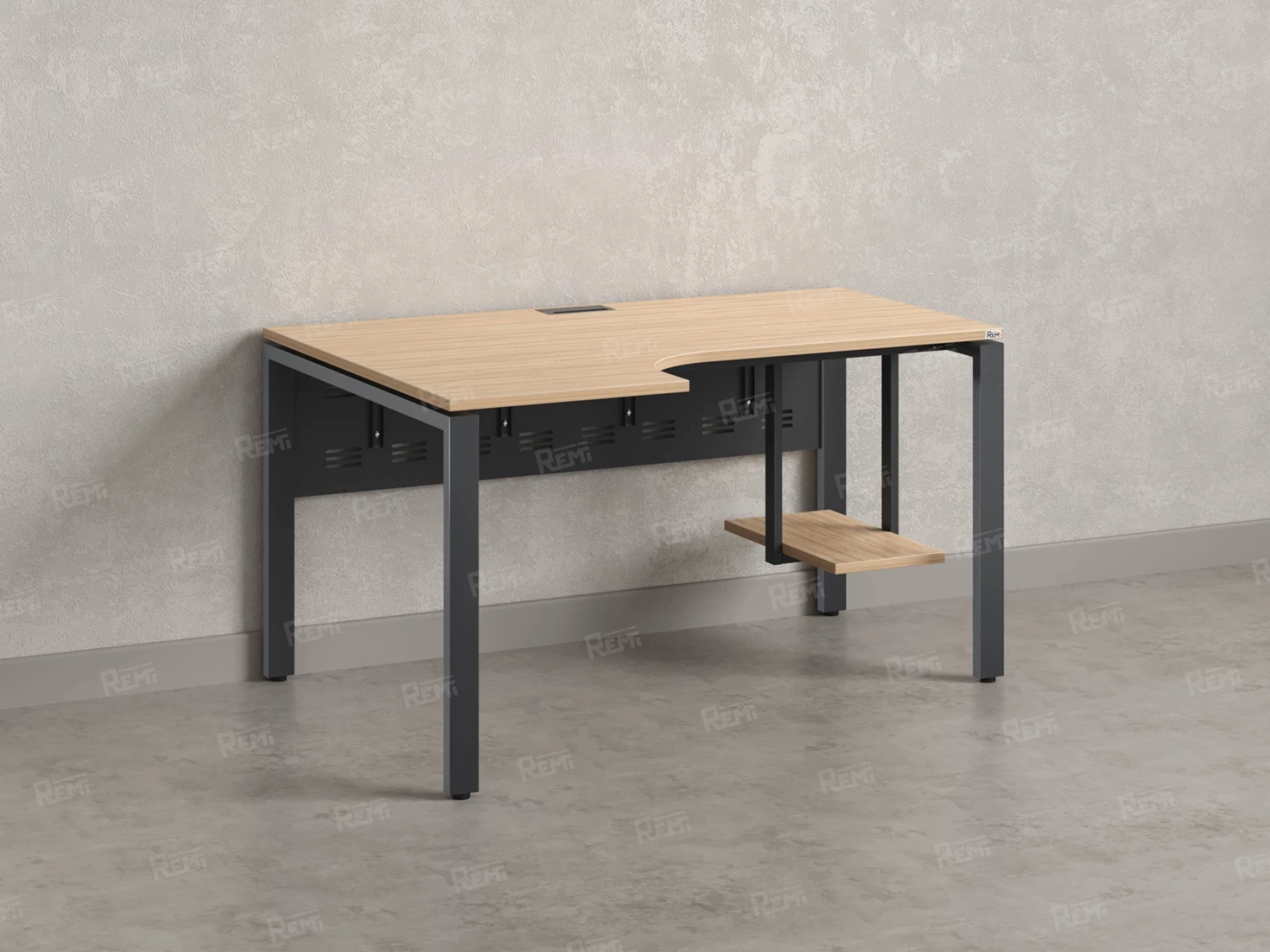 Стол угловой, экран металл, П-опора, левый 1600x600/900x750, RM059-16x6-9 Вяз Швейцарский светлый/Серый