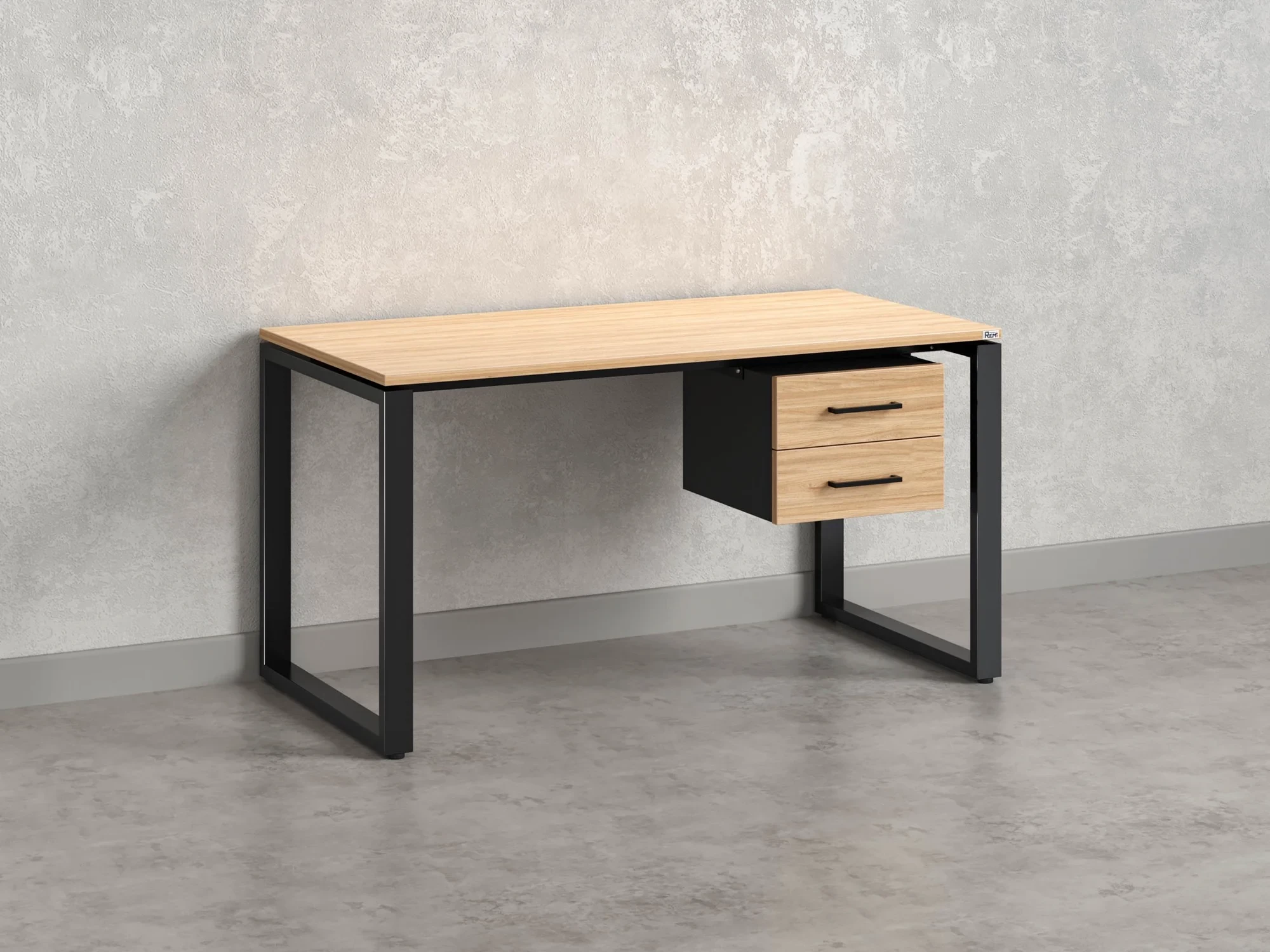 Стол прямой с подвесной тумбой 2 ящика, О-опора 2000x800x750 RM037-20x8 Вяз Швейцарский светлый/Черный
