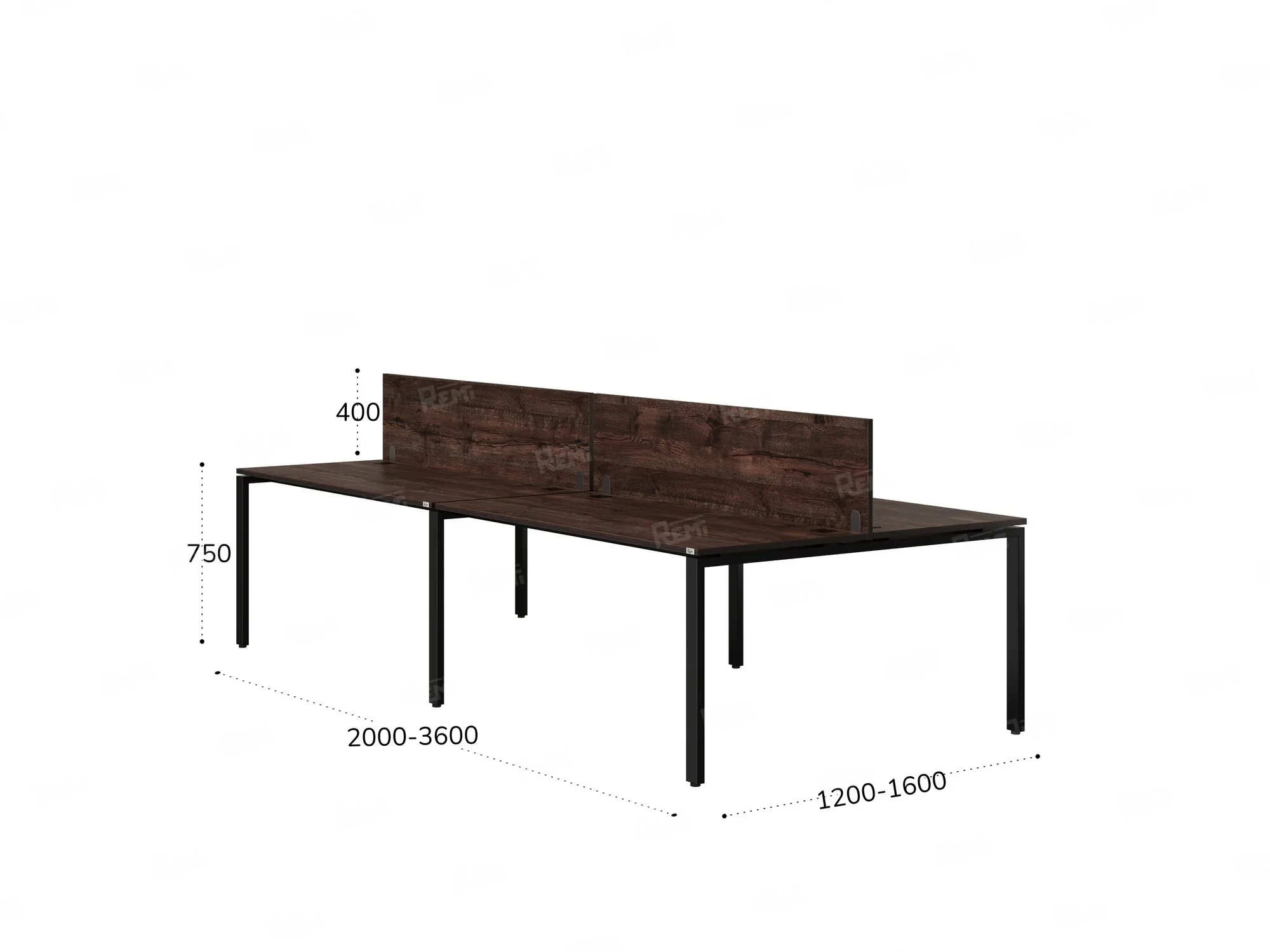 Бенч-система, 4 рабочих места, на П-образных опорах, 2 ЛДСП экранов 3600x1400x750 RM166-4-18x14 Дуб Апрельский шоколад/Черный