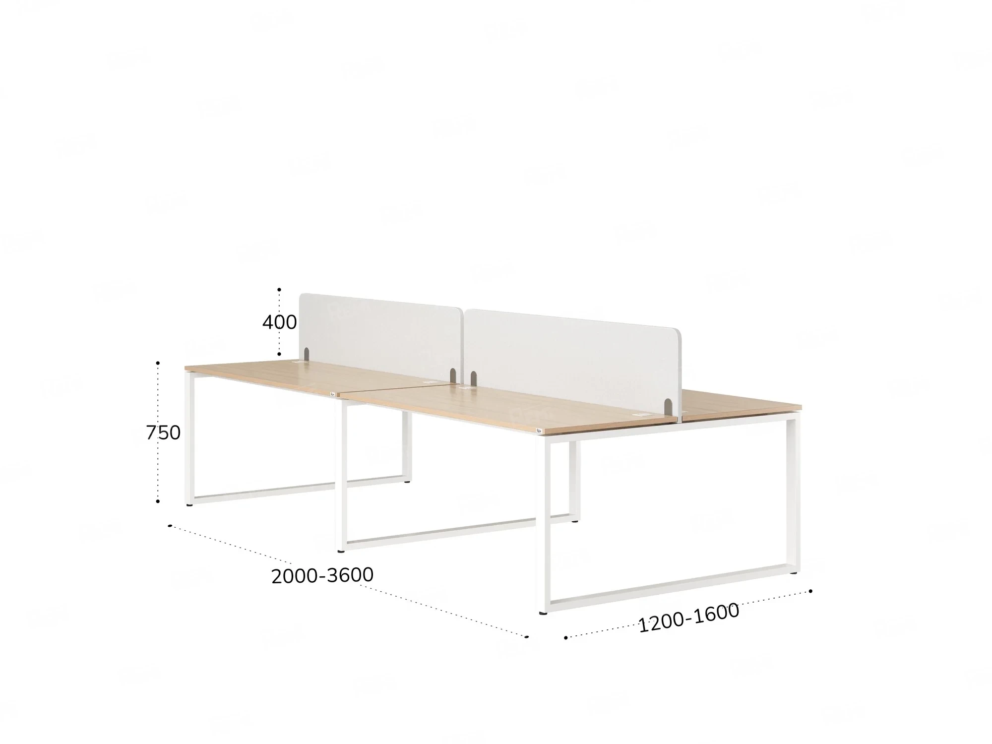 Бенч-система, 4 рабочих места, на О-образных опорах, 2 тканевых экранов 2400x1600x750 RM170-3-12x16 Вяз Швейцарский светлый/Белый