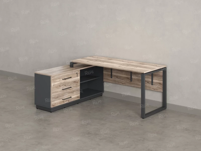 Стол прямой с тумбой L, ЛДСП экран, О-опора 1800x1400x750 RM013L-18x6 Дуб Маувелла/Серый