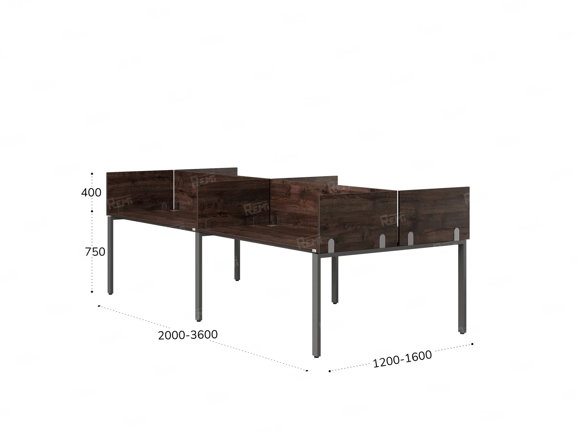 Бенч-система, 4 рабочих места, на П-образных опорах, 8 ЛДСП экранов 2800x1600x750 RM166-2-14x16 Дуб Апрельский шоколад/Серый