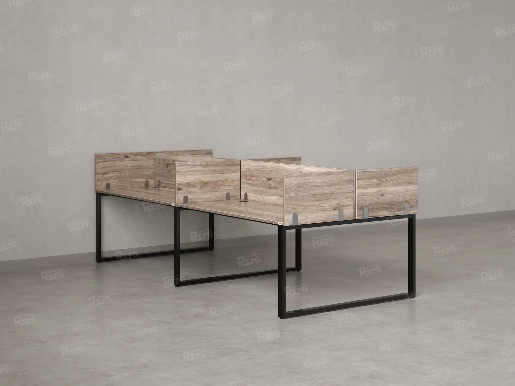 Бенч-система, 4 рабочих места, на О-образных опорах, 8 ЛДСП экранов 2800x1200x750 RM170-1-14x12 Дуб Маувелла/Черный