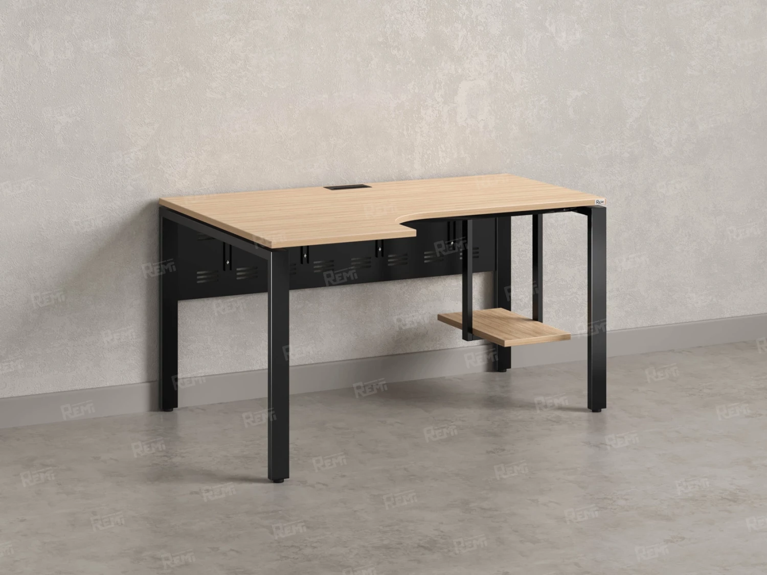 Стол угловой, экран металл, П-опора, левый 1600x600/900x750, RM059-16x6-9 Вяз Швейцарский светлый/Черный