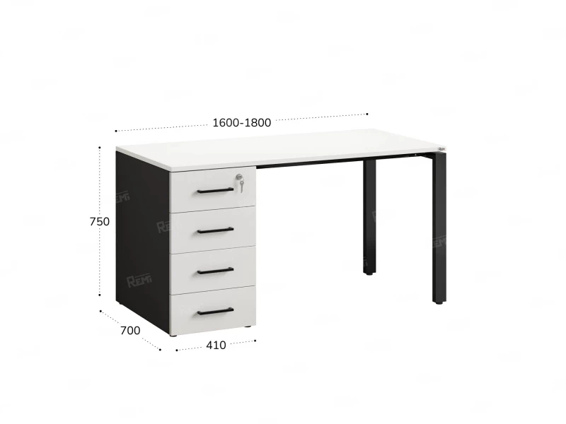 Стол прямой с тумбой на П-образных опоре, левый 1600x700x750 RM102-16x7 Белый/Черный