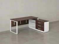 Стол прямой с тумбой R, ЛДСП экран, О-опора 1600x1400x750 RM012R-16x7 Дуб Апрельский шоколад/Белый